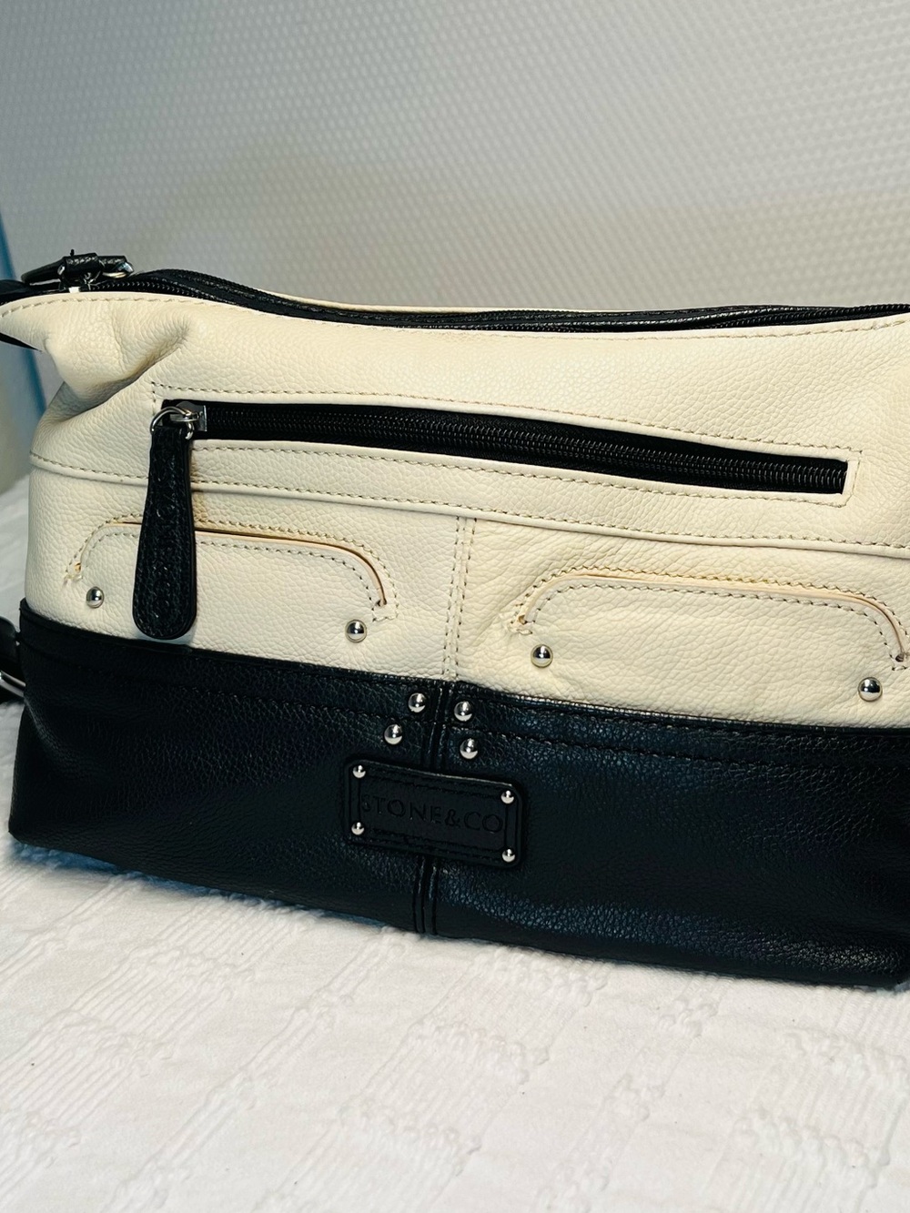 Stone & Co. Pebbled Leather Black & Cream Two-Tone Shoulder Bag